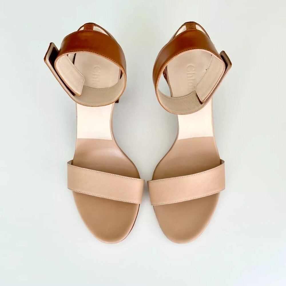 NEW CHLOE Tan Beige Two Tone Ankle Strap Block Heel Sandals Size 38 US(8)